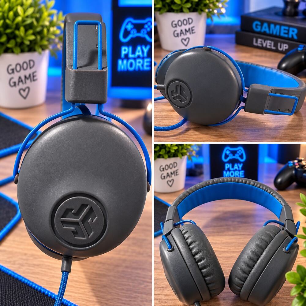 JLab Studio Wired On-Ear Headphones Gray Blue Braided Cord Adjustable